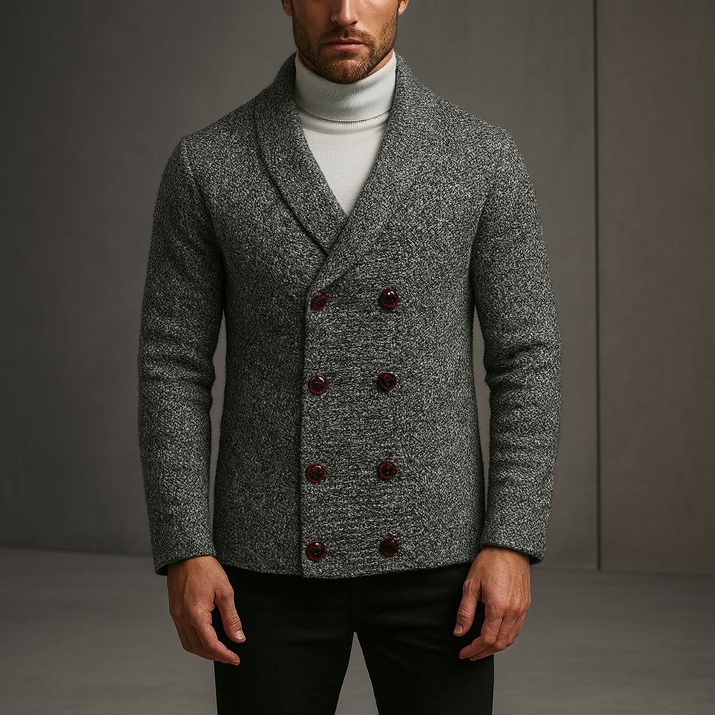 Men's shawl-collar double-breasted cardigan, charcoal gray heather knit with button panel