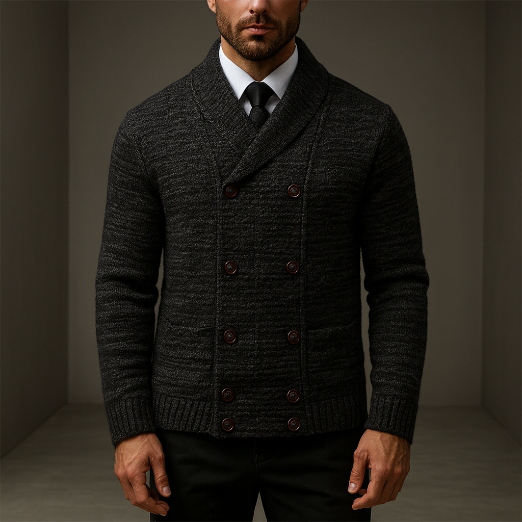 Men's shawl-collar double-breasted cardigan, dark black knit with button-up front
