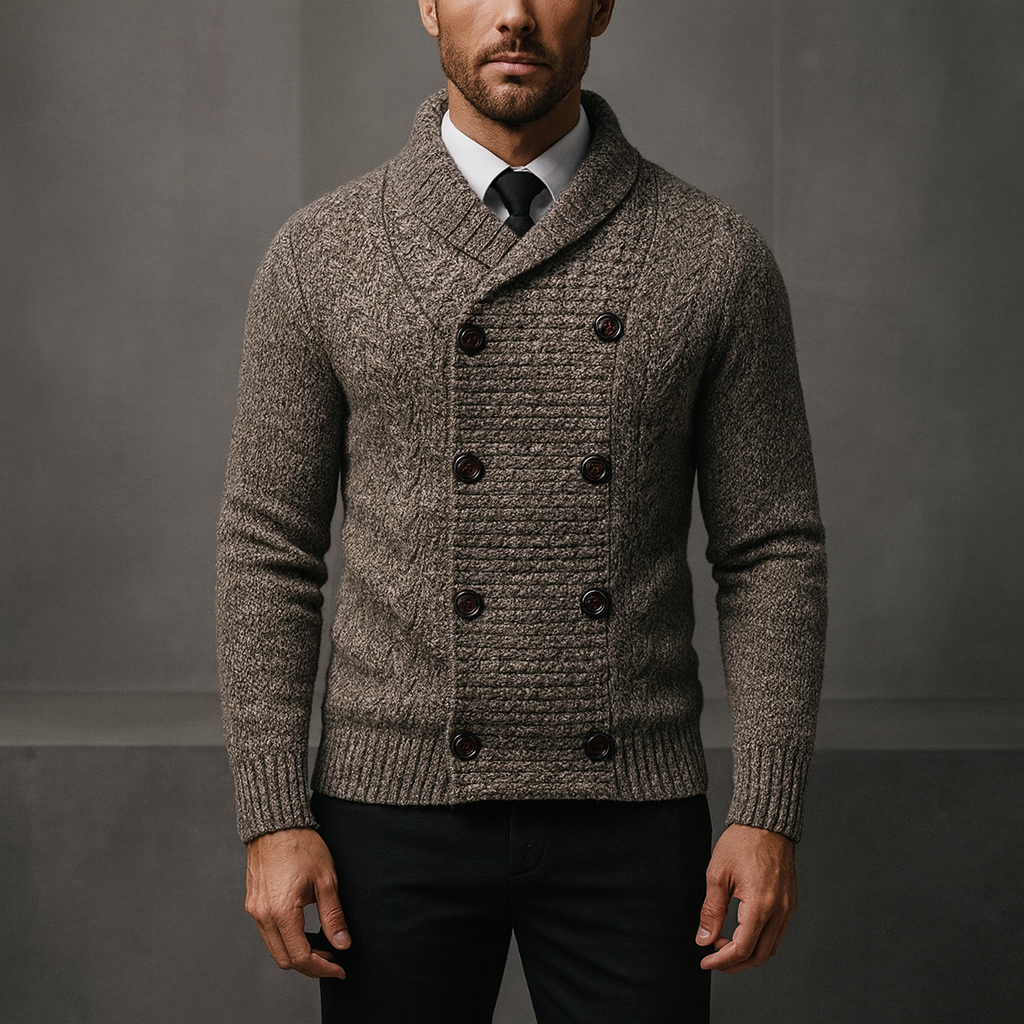 Men's shawl-collar double-breasted cardigan, dark heather gray knit with button front
