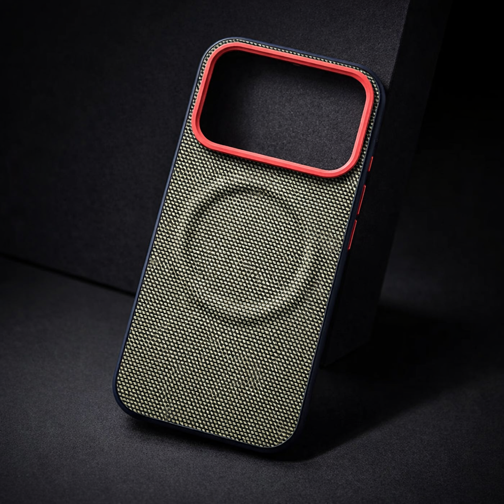 Olive green phone case with woven texture and red trim, raised camera cutout
