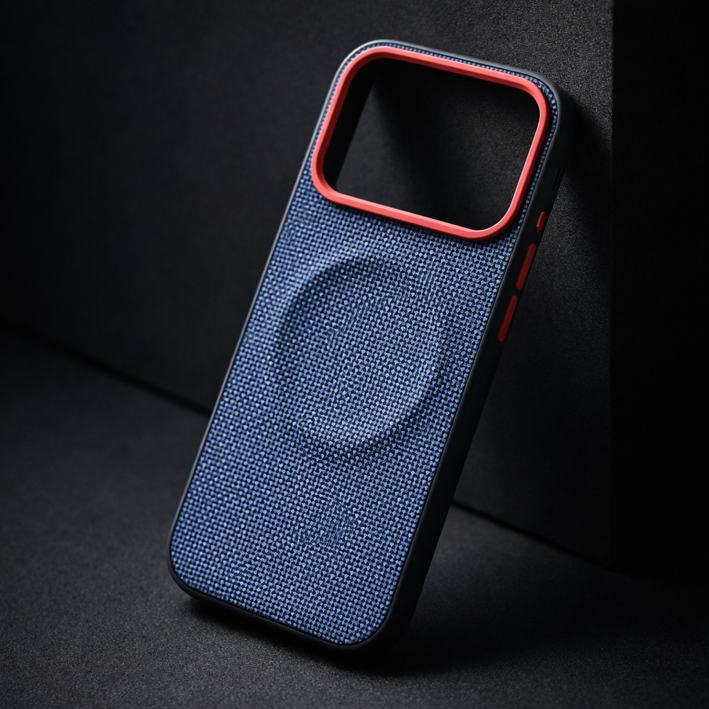 Blue phone case with woven texture and red trim, camera and speaker cutouts