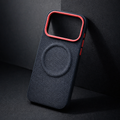 Black phone case with woven texture and red trim, raised camera cutout