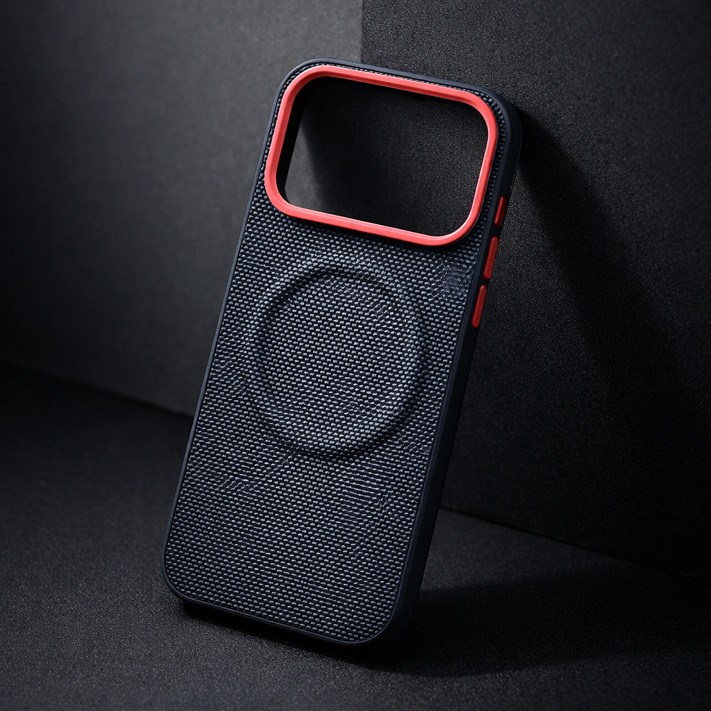 Black phone case with woven texture and red trim, raised camera cutout