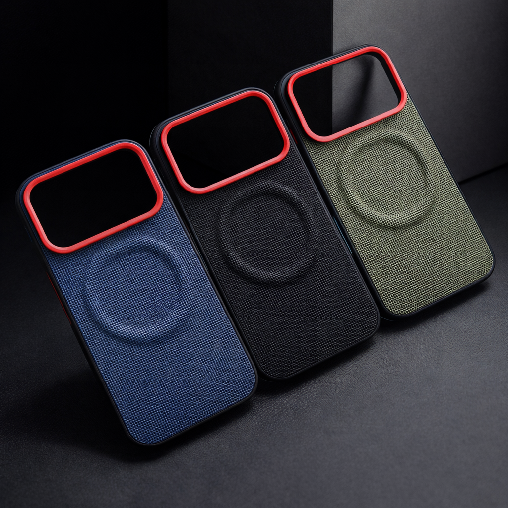 Pack of woven phone cases in blue, black, and olive green with red trim