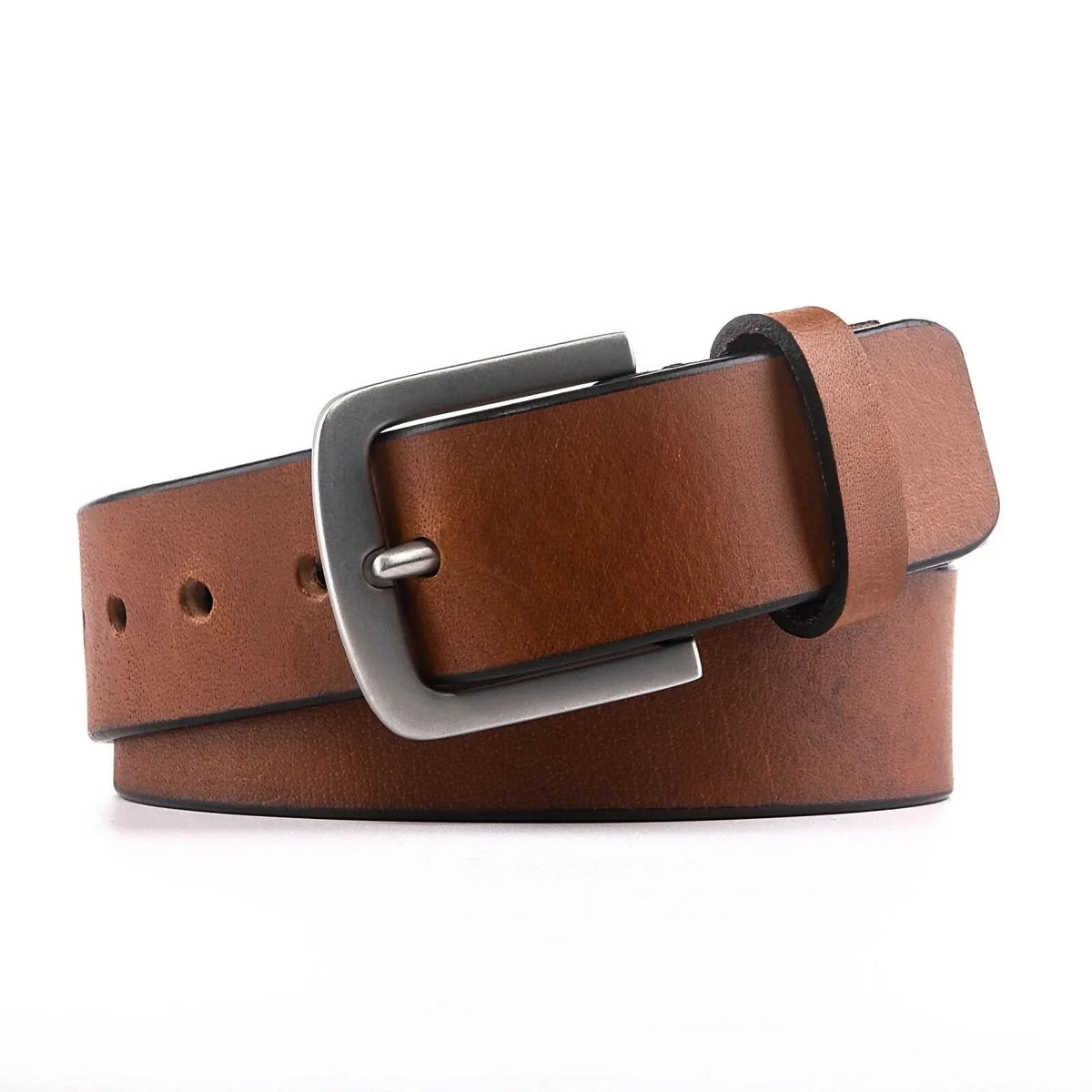 Brown leather casual dress belt with rectangular silver-tone buckle and keeper