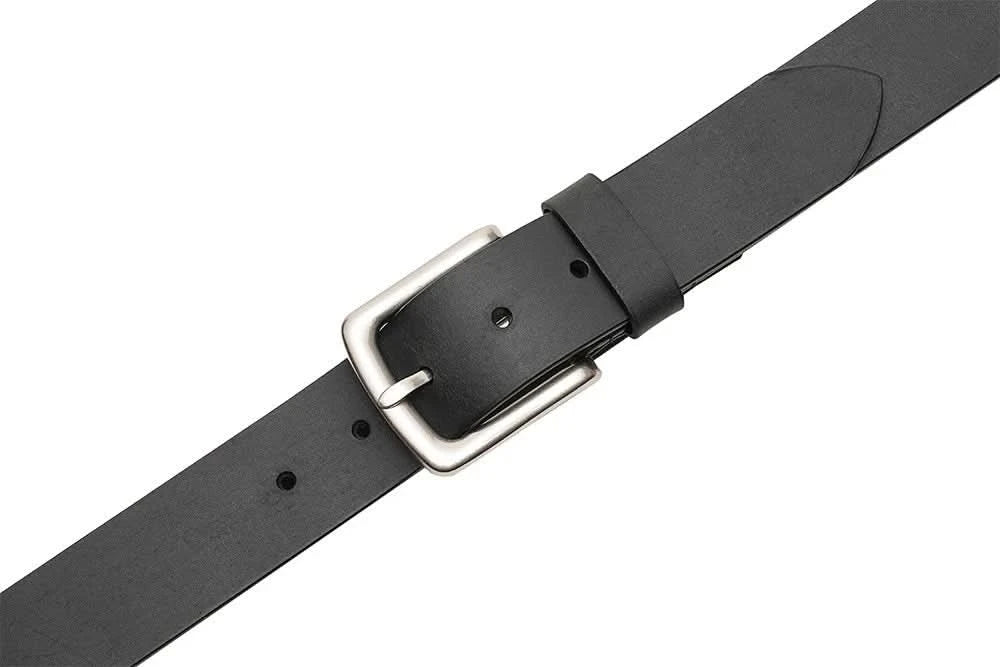 Black leather belt with silver buckle, single row of punched holes, and keeper strap