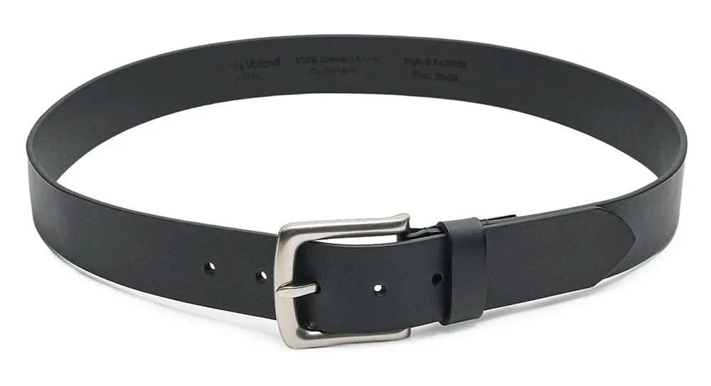 Black leather belt with rectangular silver-tone buckle and multiple punched adjustment holes