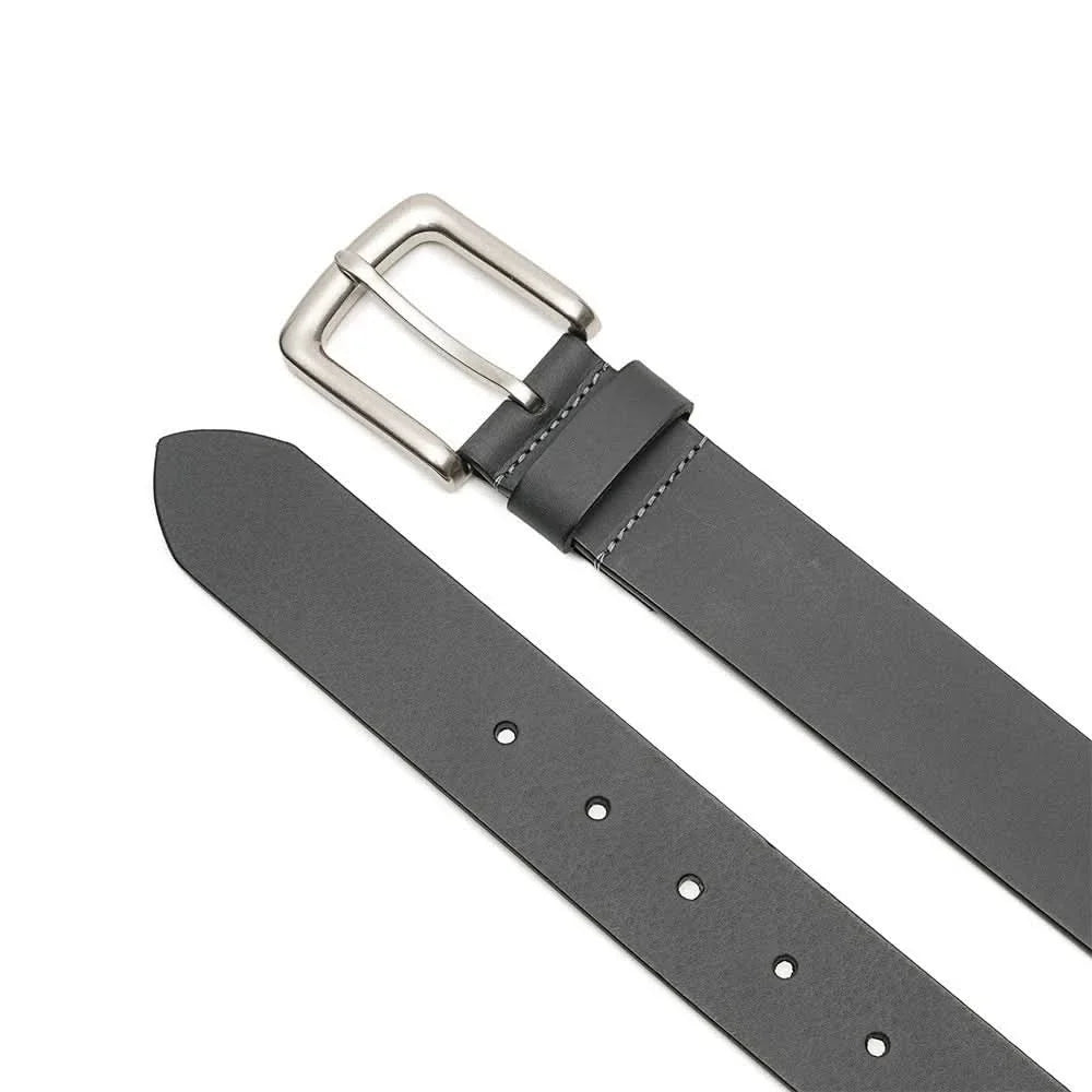 Gray leather belt with silver buckle and multiple adjustment holes