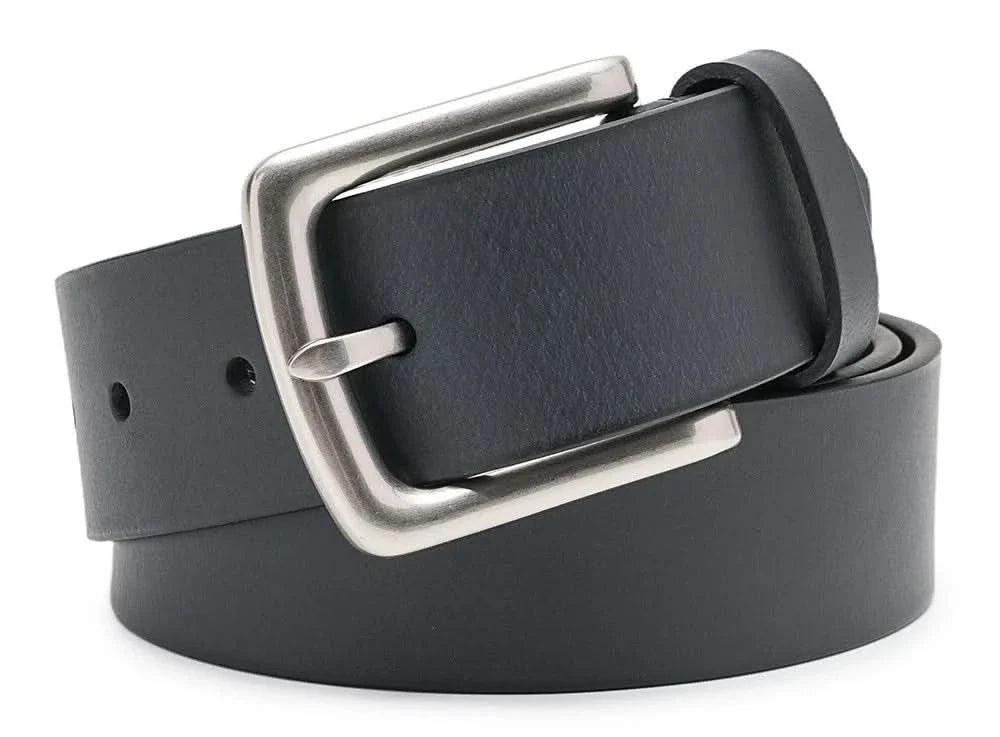 Black leather men’s belt with rectangular silver-tone buckle and attached belt keeper