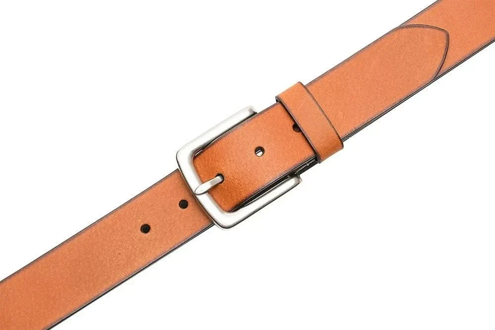Cognac-brown leather belt with silver pin buckle and stitching detail
