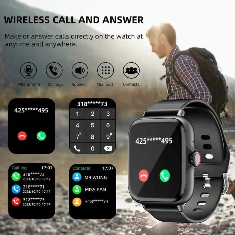 Black smartwatch with full touch screen showing call and call-log icons.