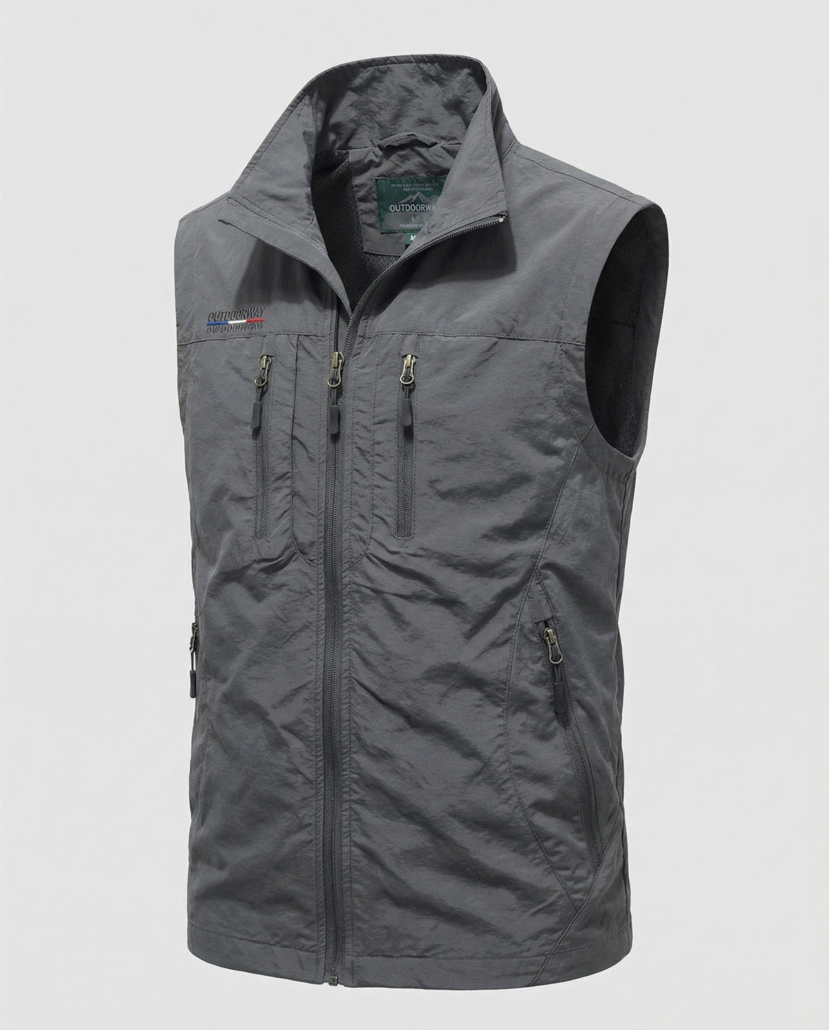 Gray utility gilet vest with stand collar, front zip, and multiple zip pockets.