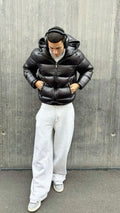 Quilted hooded puffer jacket, front view