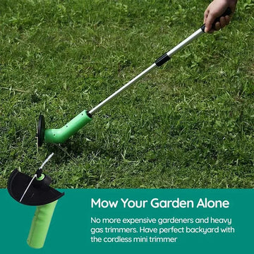 Cordless mini weed trimmer with long pole and black circular guard, trimming lawn grass