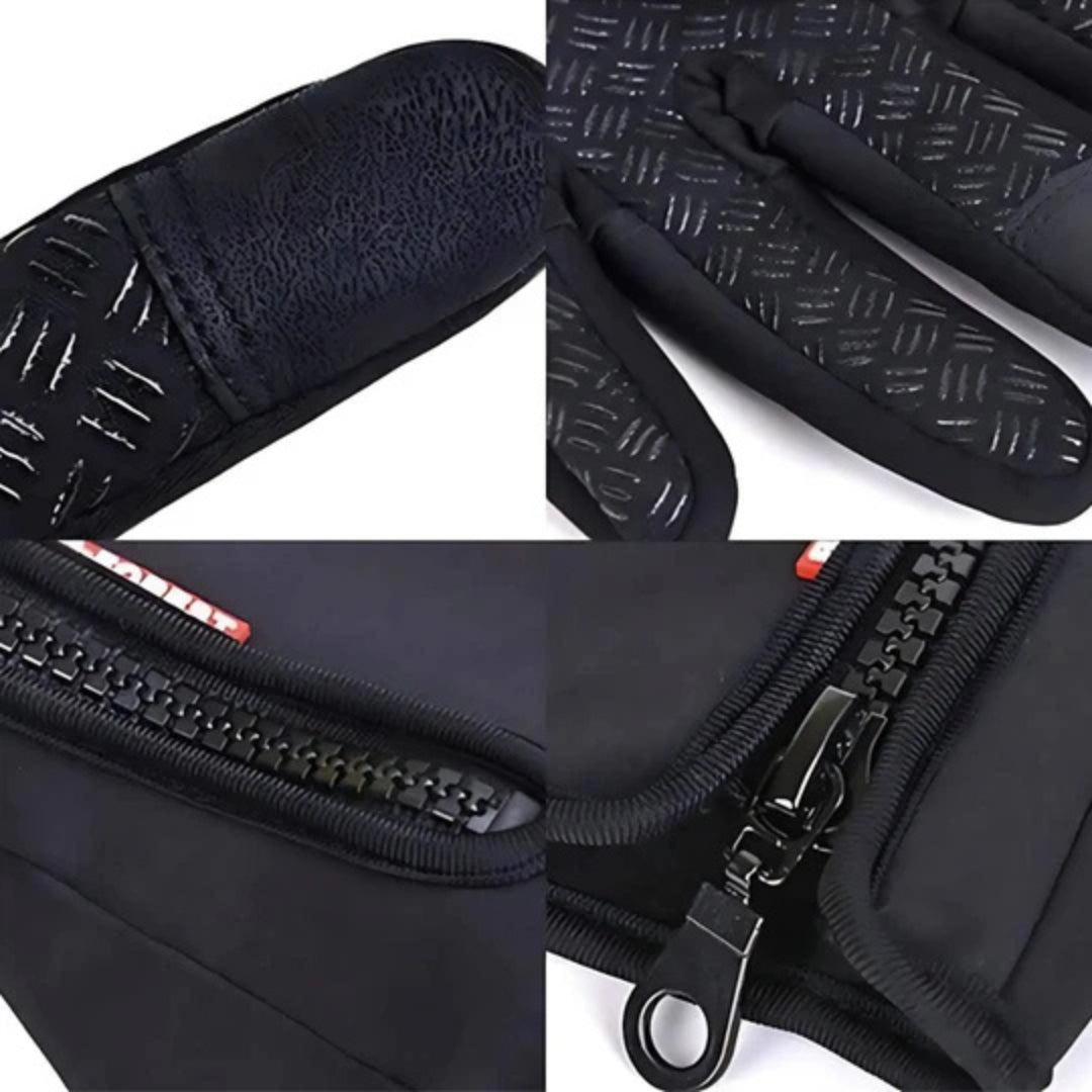 Black glove cuff with heavy-duty zipper and ring pull, textured interior padding.