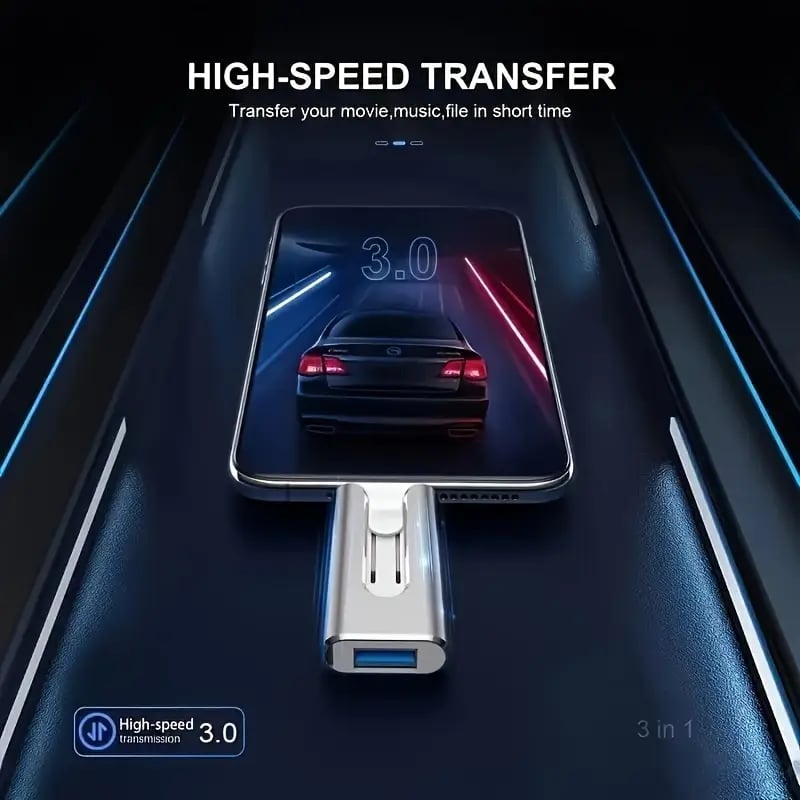 Silver 3.0 USB flash drive with blue USB port and Lightning connector