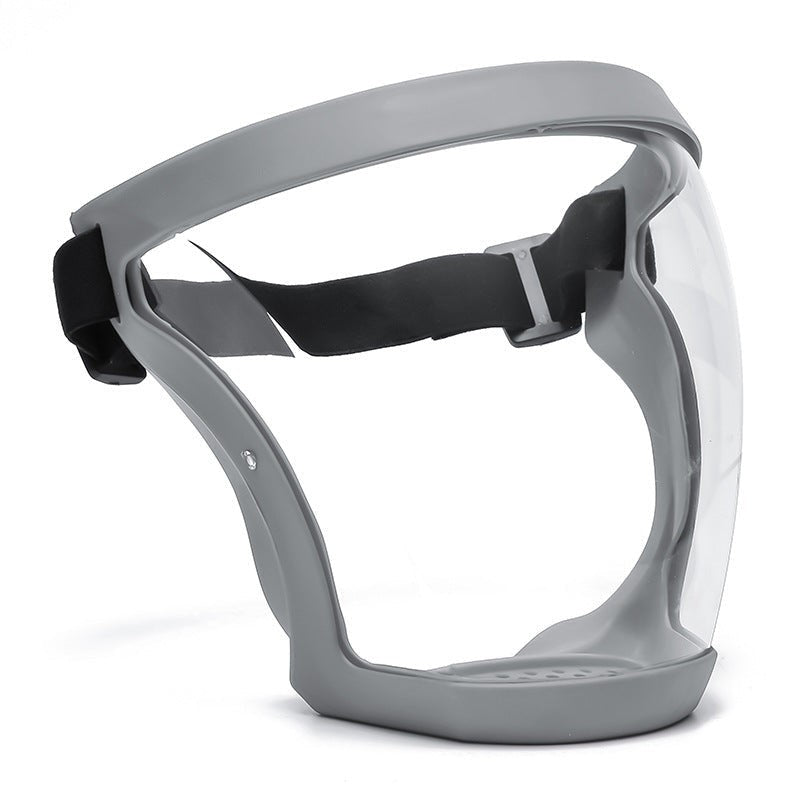 Anti-fog protective face shield with gray frame and clear visor, side angle