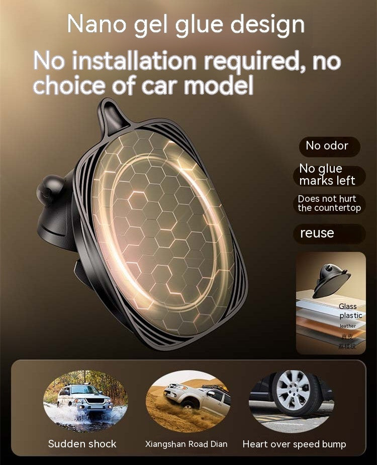 Black car phone mount with gel-like pad and curved contact surface