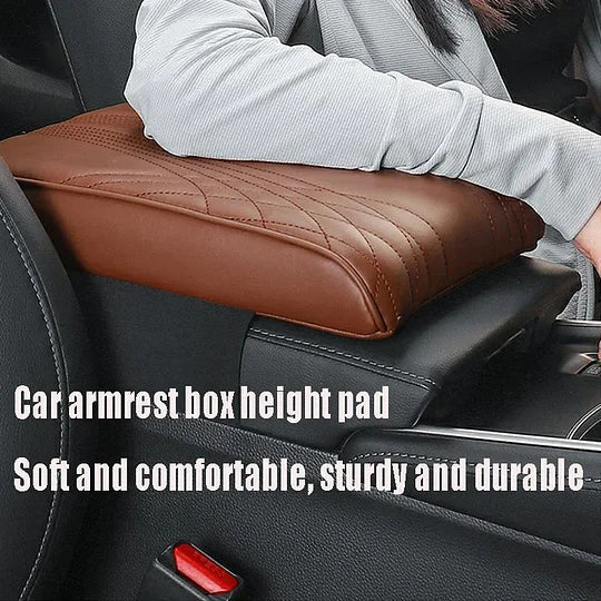 Brown car armrest cushion cover with quilted top and embroidered logo badge