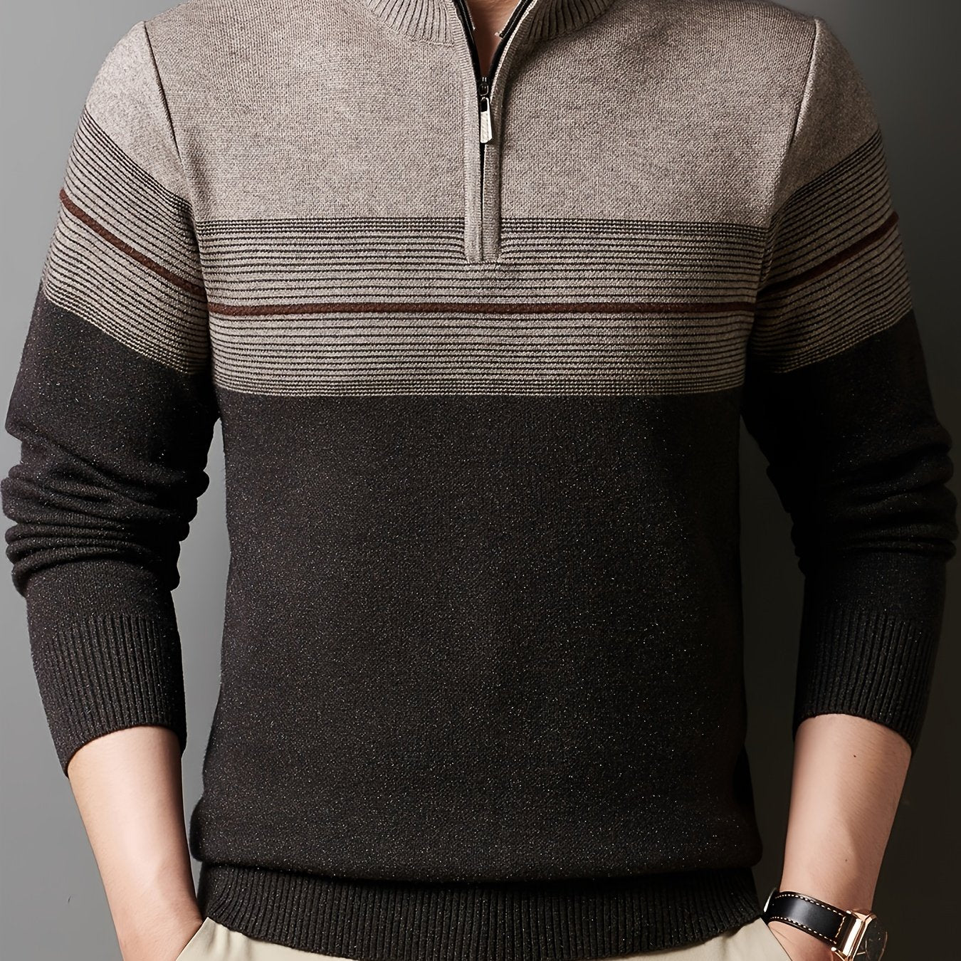 Quarter-zip striped knit sweater, coffee brown color view