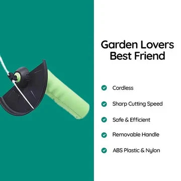 Cordless mini weed trimmer with green handle and black blade guard on teal panel