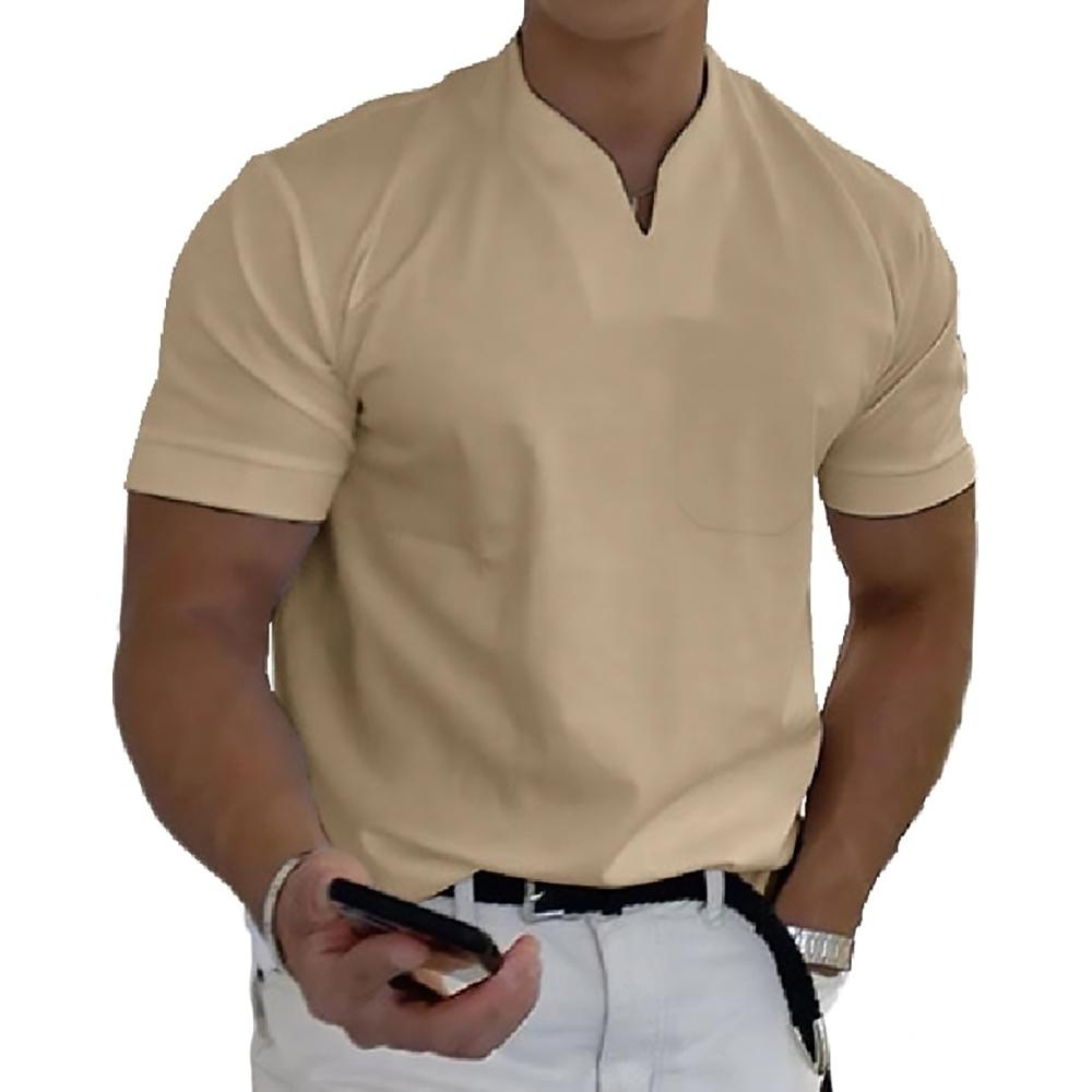 Men's short-sleeve mandarin collar shirt in khaki, chest pocket, front placket