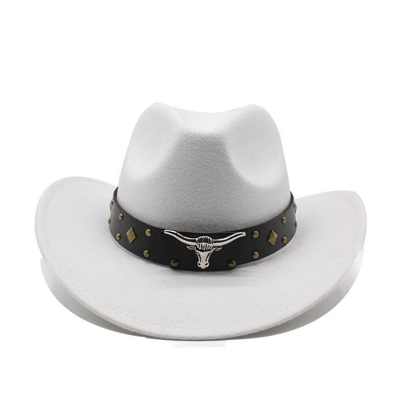 White felt cowboy hat with studded band and bull skull buckle