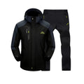 Black waterproof trekking jacket and pants set, hooded zip front