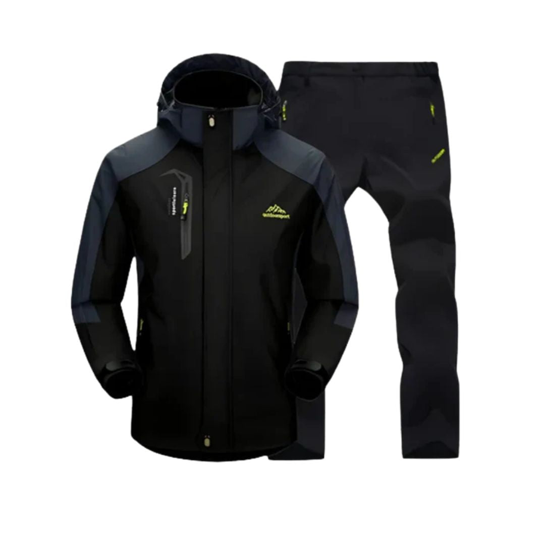Black waterproof trekking jacket and pants set, hooded zip front