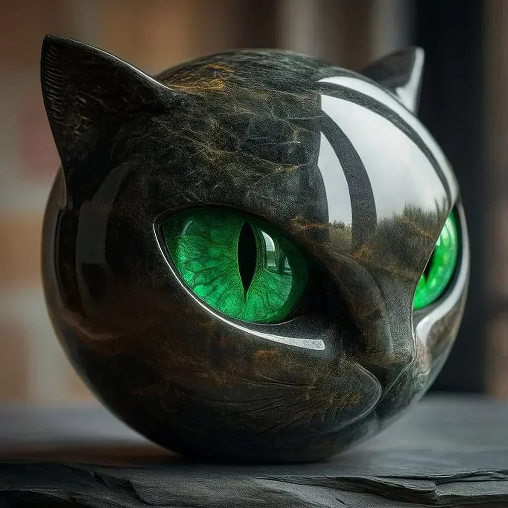 Close-up of cat head sculpture with bright green eyes and reflective white stripe