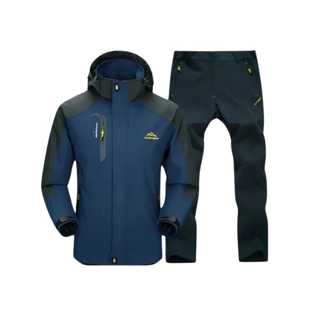Blue waterproof trekking jacket and pants set, hooded zip front