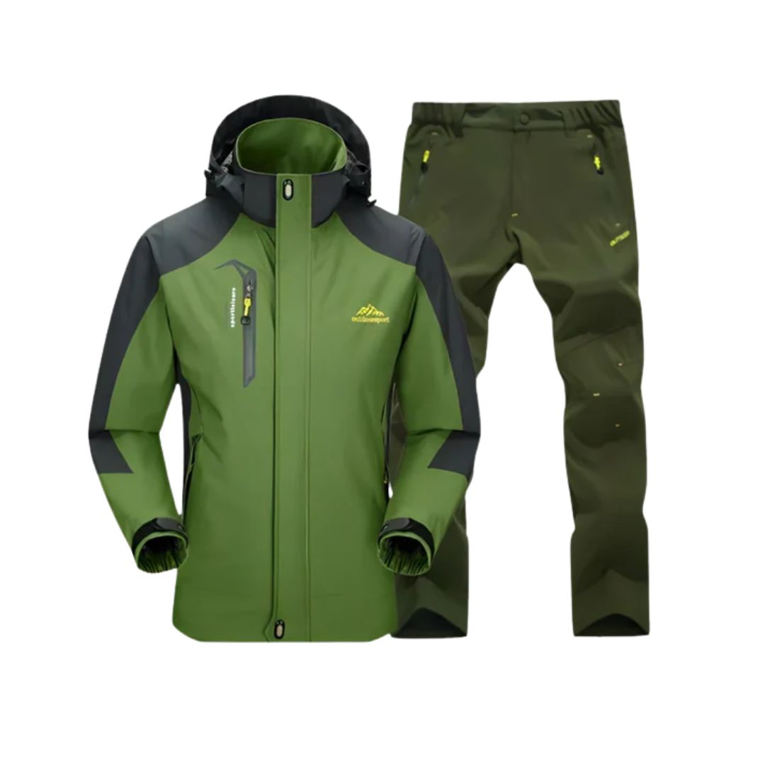 Green waterproof trekking jacket and pants set, hooded zip front