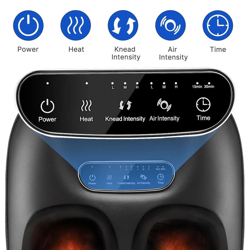 Black foot massager control panel with power, heat, knead, air, and time icons