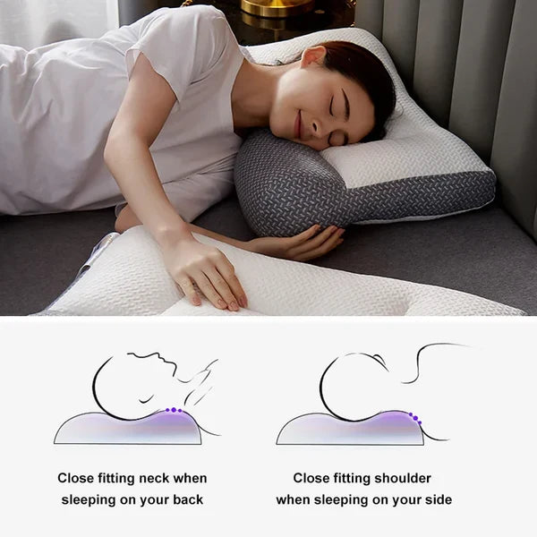 Woman sleeping on a wedge-shaped pillow with close-up illustrations of its design.
