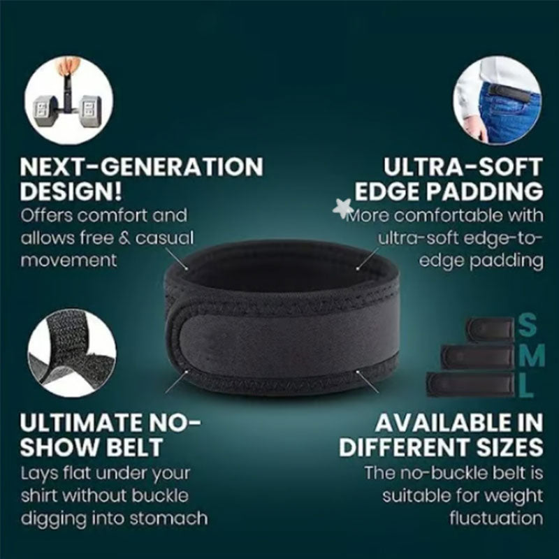 Black buckleless belt with flat edge padding and soft elastic loop, no buckle