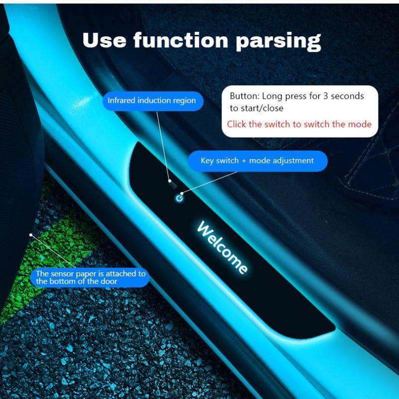 Magnetic LED door light along car door sill with switch and sensor area