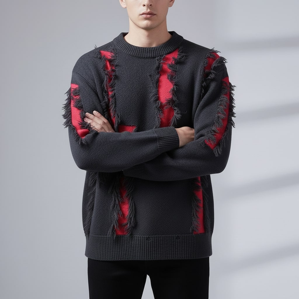 Textured frayed crewneck sweater, black gray color view