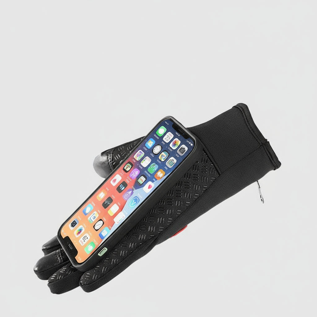 Black touchscreen glove holding a smartphone in the palm with adjustable wrist strap.
