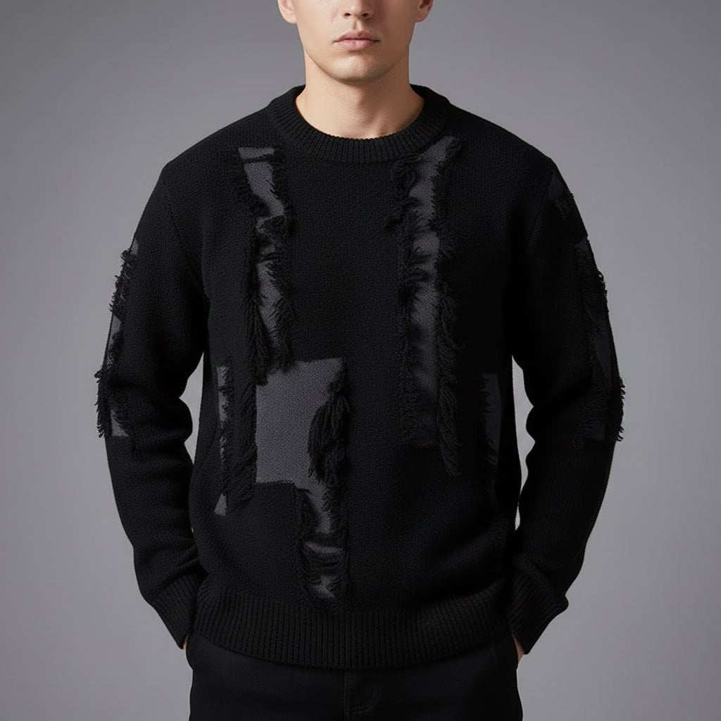 Textured frayed crewneck sweater, styled front view