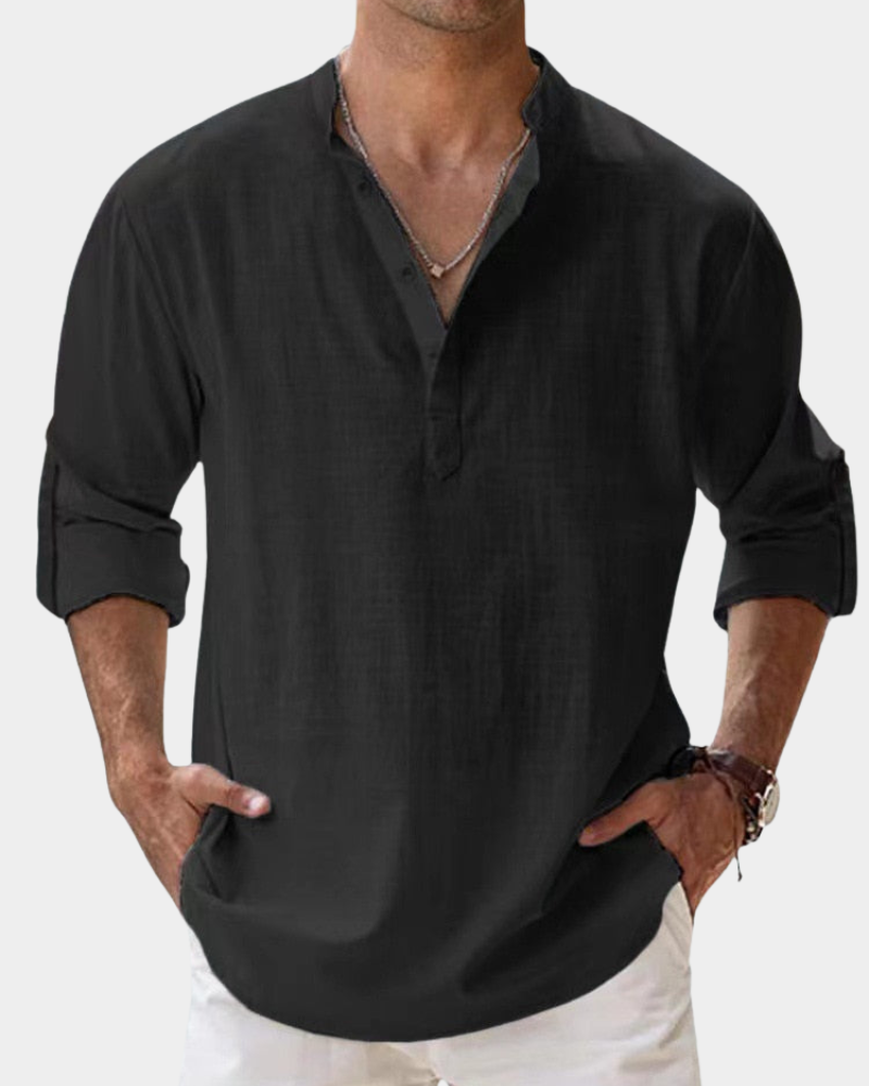 Black button-up casual shirt with V-neck and 3/4 sleeves, relaxed fit.