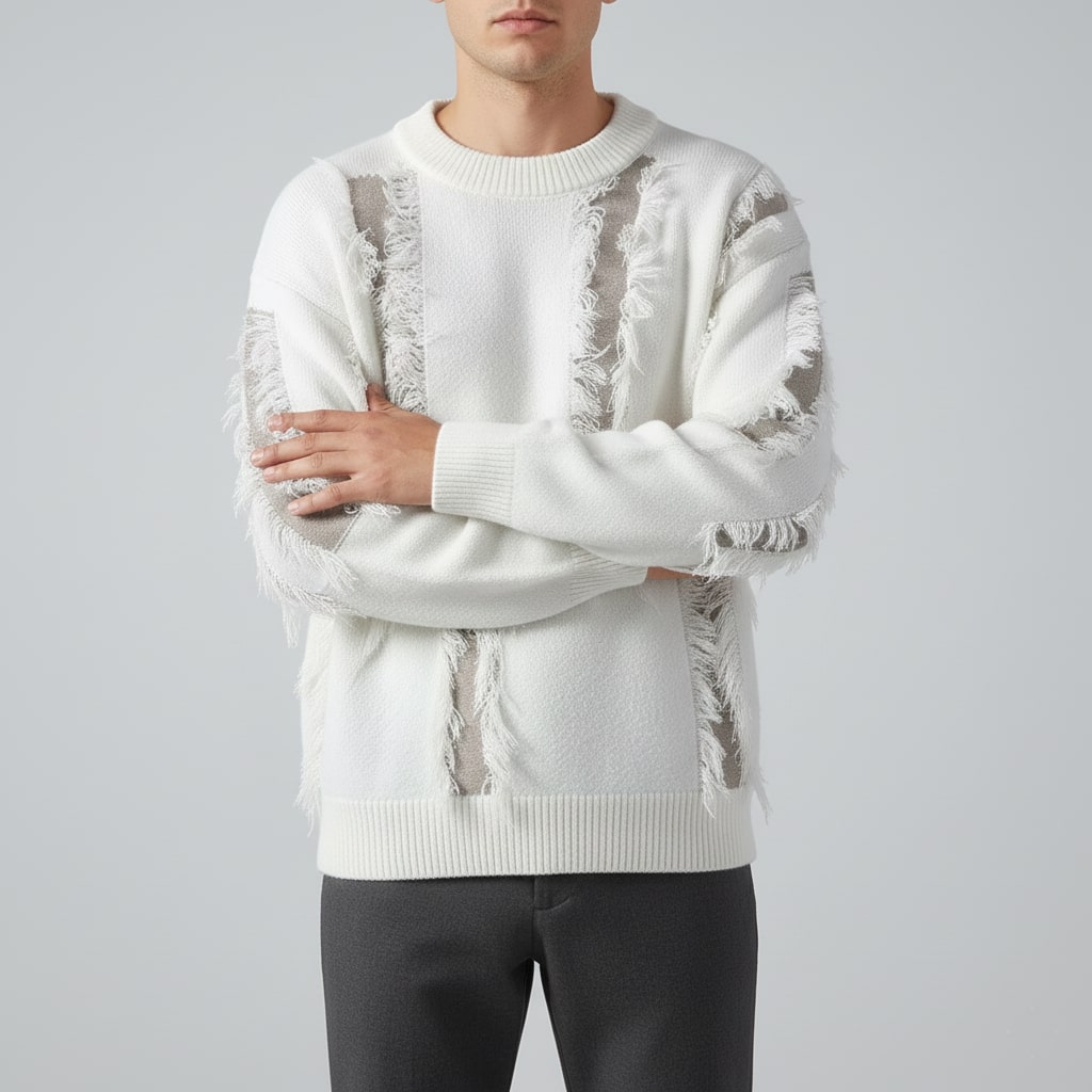 Textured frayed crewneck sweater, white color view