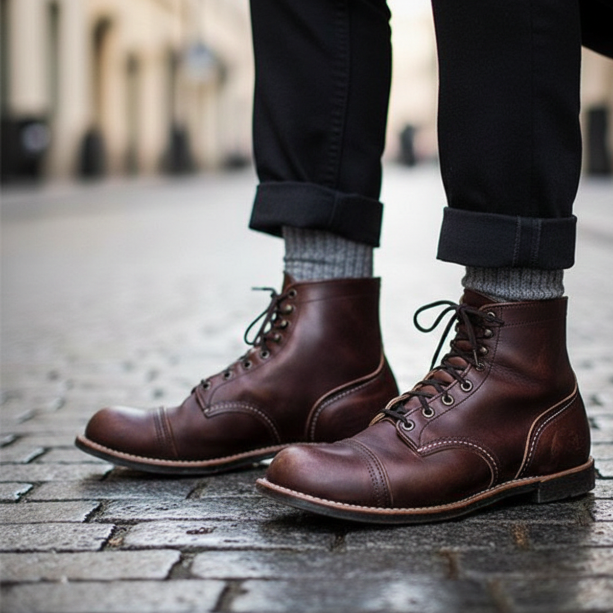 Combat-style lace-up boots, dark brown color view