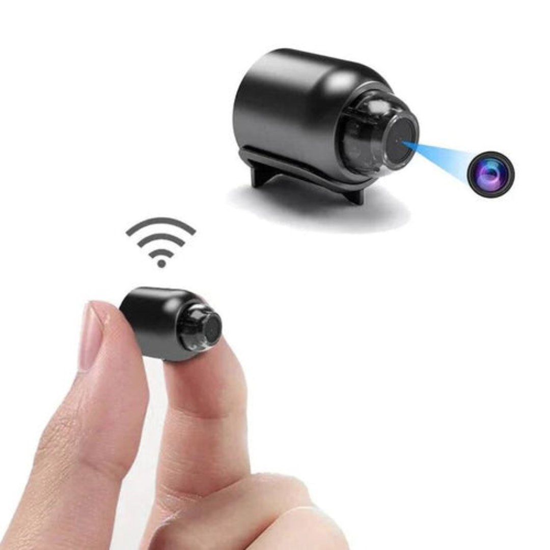 Black mini security camera with WiFi icon and blue night-vision lens glow