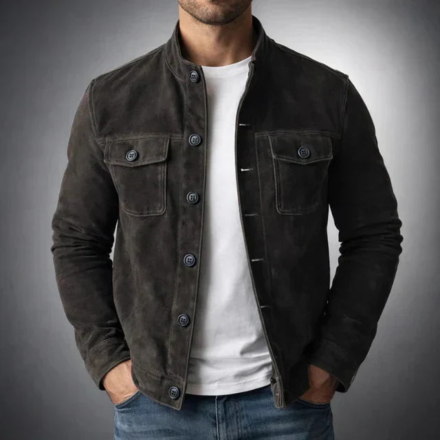 Black suede-style pocket jacket with button front and two flap chest pockets