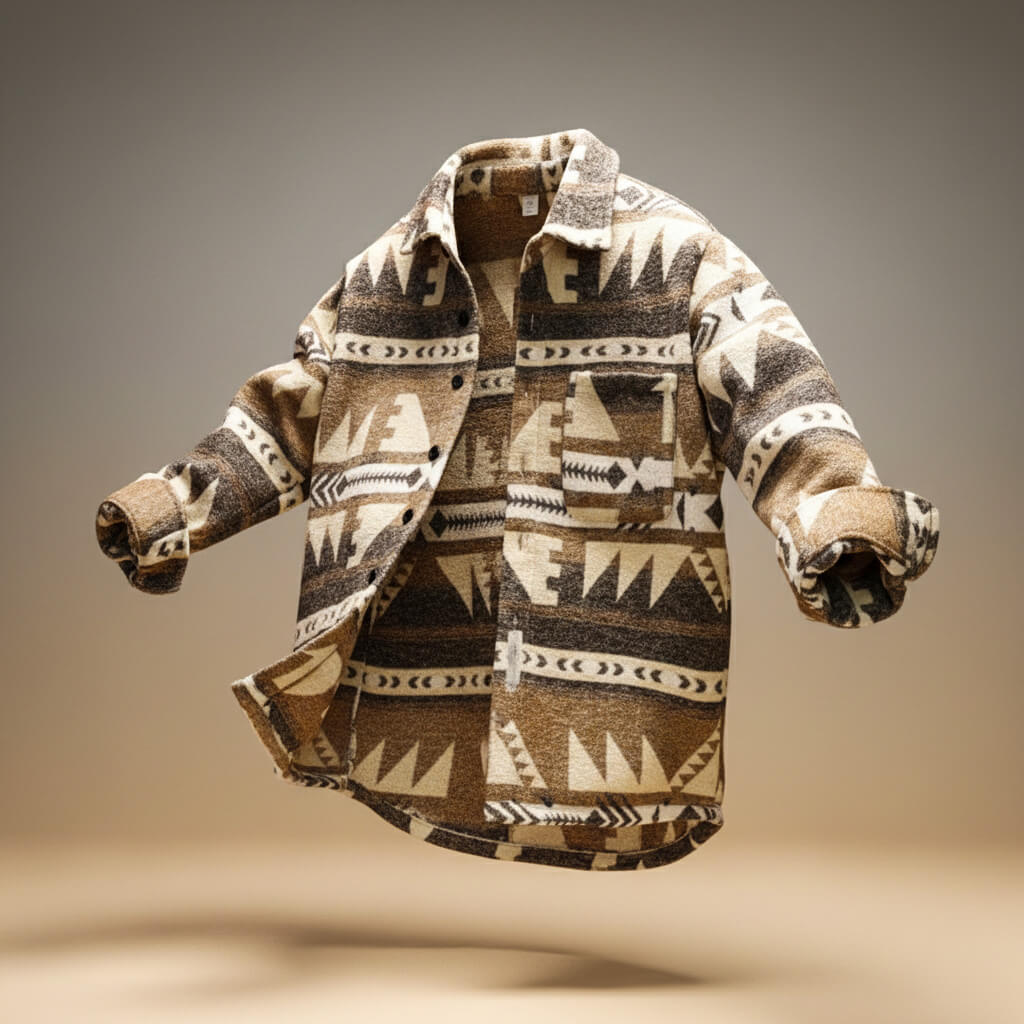Men's patterned relaxed overshirt with tan, brown, and black geometric print; button front