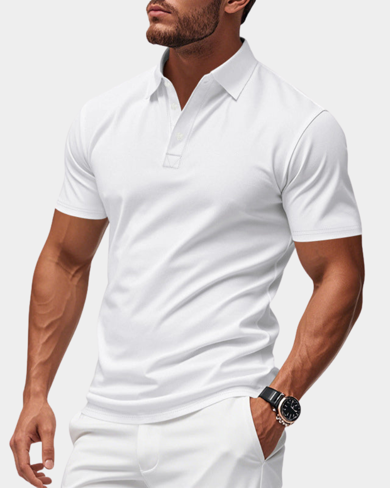 Men's white polo shirt with short sleeves, knit collar, and 2-button placket