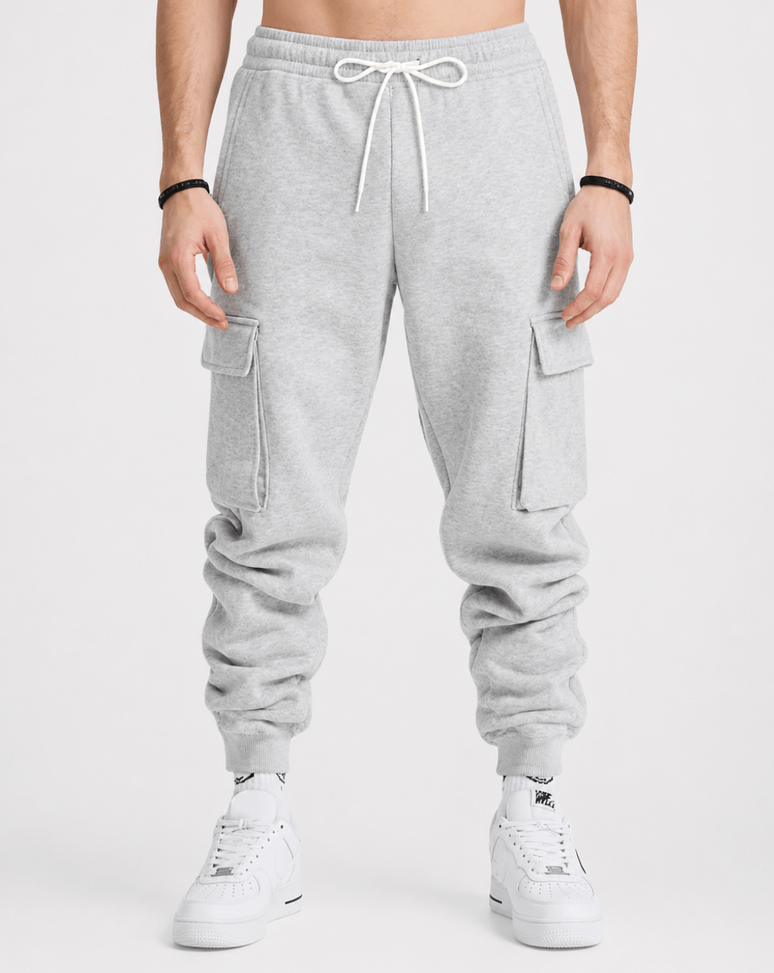 Light gray cargo jogger pants with adjustable drawstring and side cargo pockets