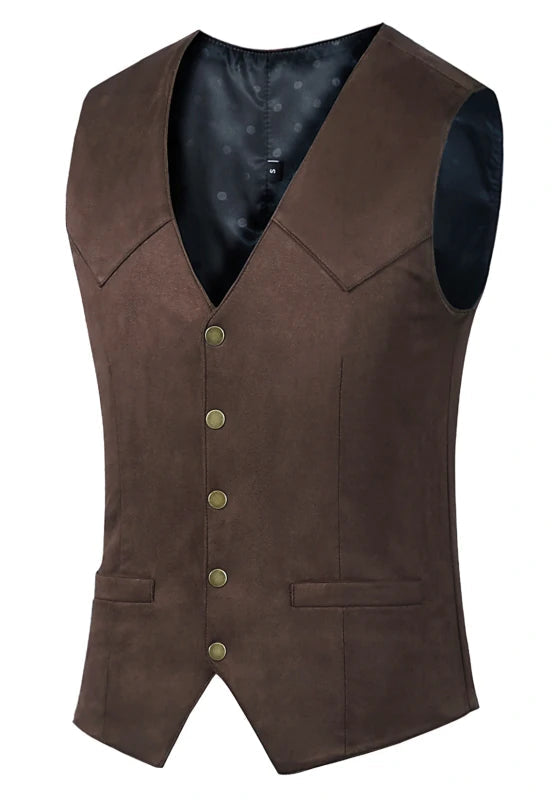 Five-button v-neck vest, styled front view