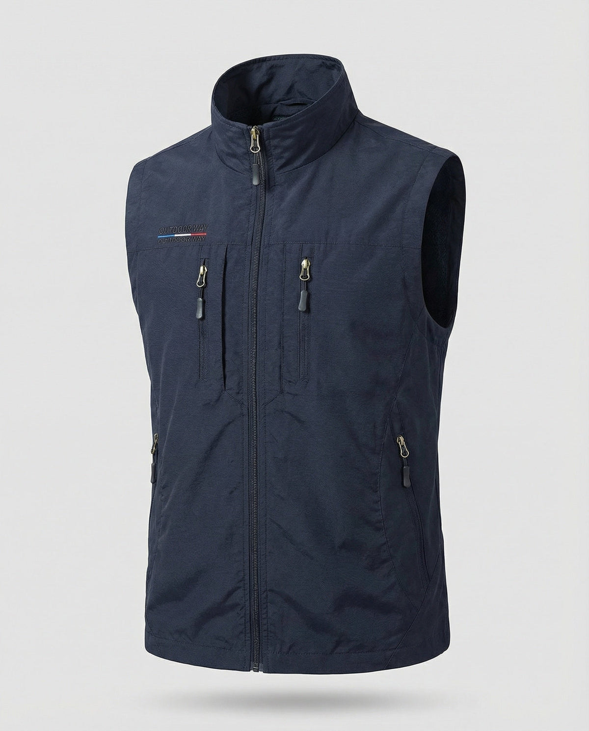 Navy utility gilet vest with stand collar and front zip, featuring several zip pockets.