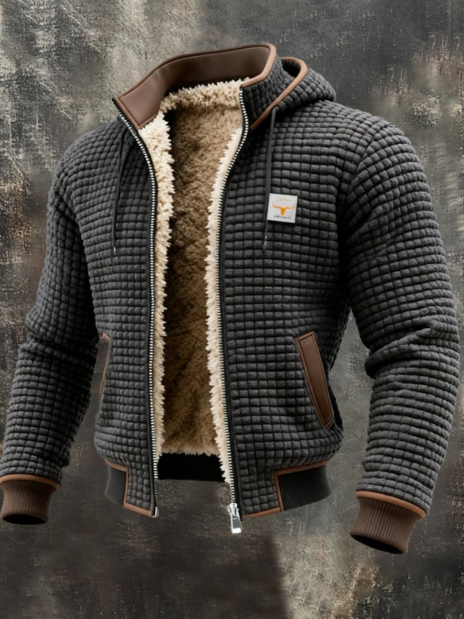 Men's quilted sherpa-lined jacket, gray with tan lining, brown trim, zip front, chest logo
